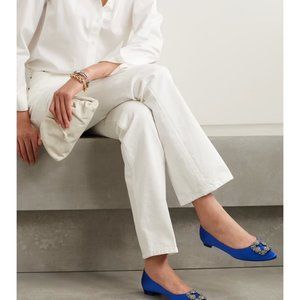 Manolo Blahnik Blue Hangisi Crystal Buckle Satin Flats Eu:38